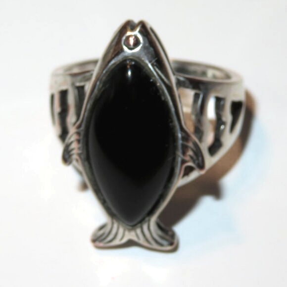 Large Textured Fish Black Onyx Sterling Silver Men Unisex Ring Size 10 - Picture 3 of 17